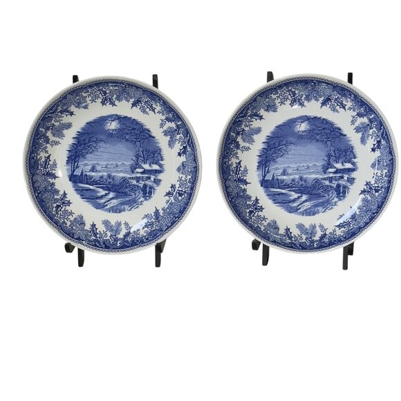 Spode Winters Eve Blue & White 9" Round Camilla Individual Pasta Bowls - Picture 2 of 11